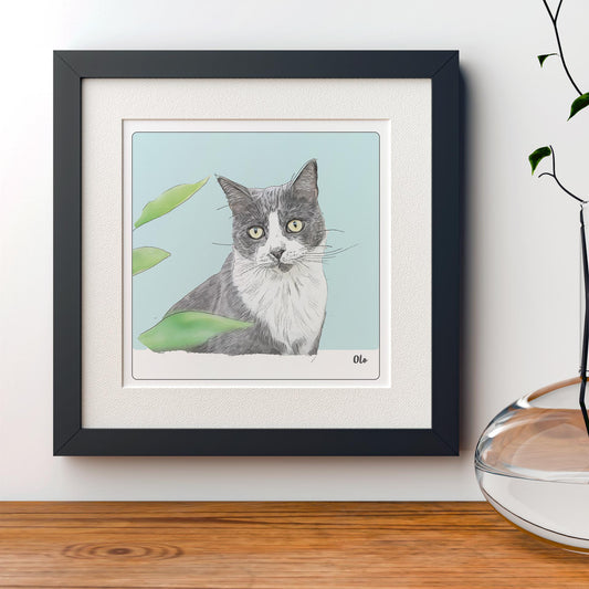 Akwarelowy rysunek kota oprawiony w czarną RAME Z BIAŁYM Passe-partout
