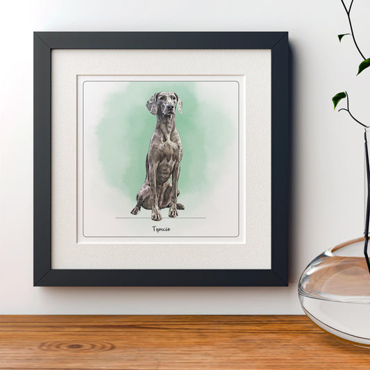 Akwarelowy portret psa na zielonym tle. Oprawiony w czarna ramę i białe Passe-partout