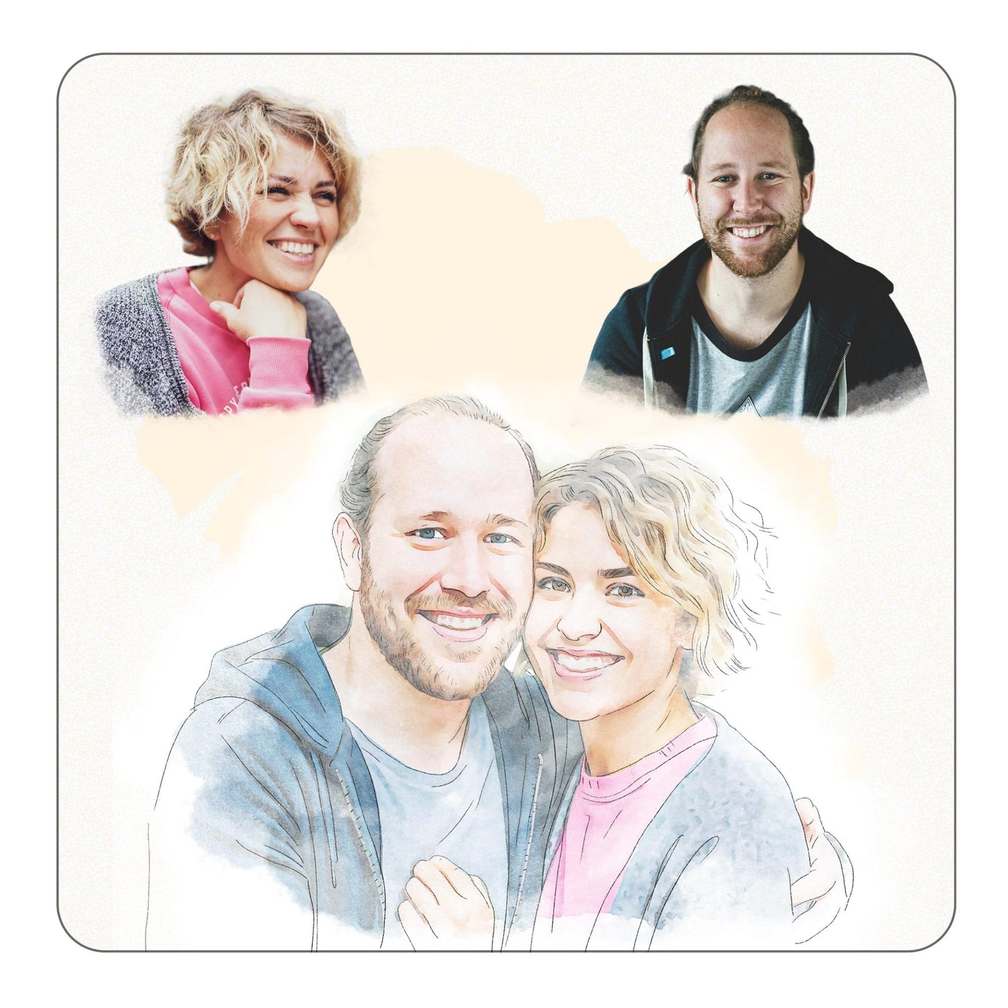 portret pary przed i po przeróbce, personalizowany szkic na zamówienie