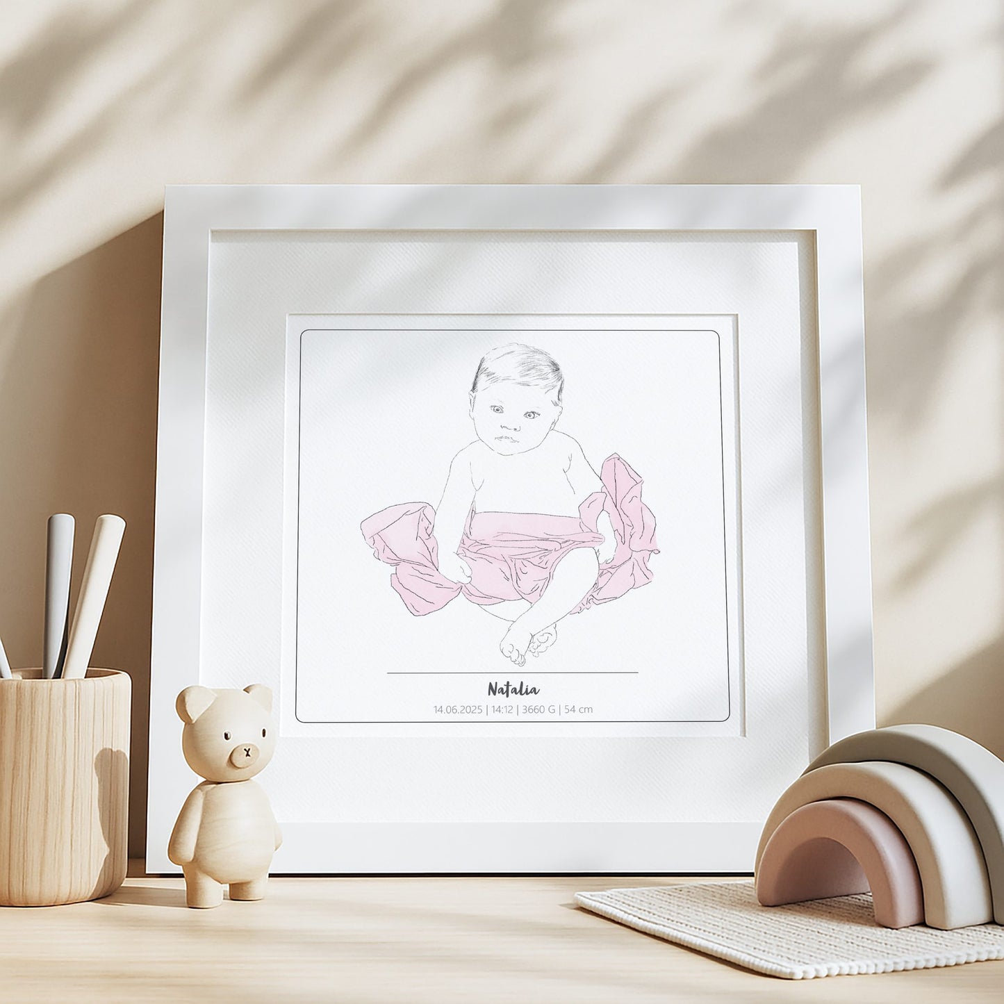 portret dziecka ze szkicu z metryczką urodzenia, personalizowany rysunek