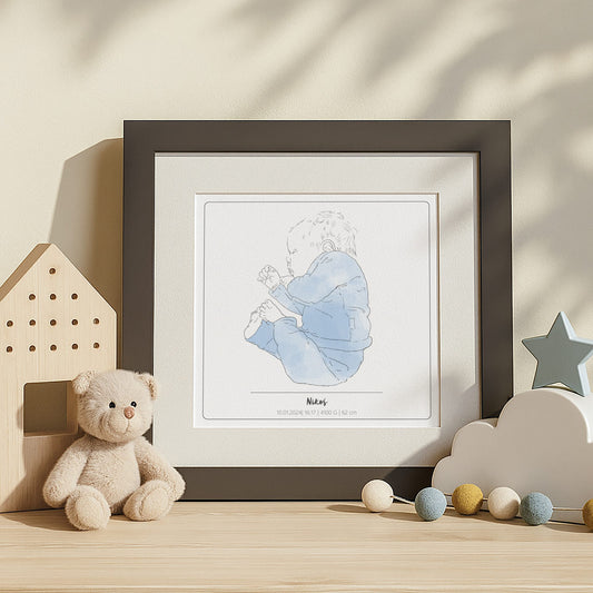 portret dziecka ze szkicu z metryczką urodzenia, personalizowany rysunek
