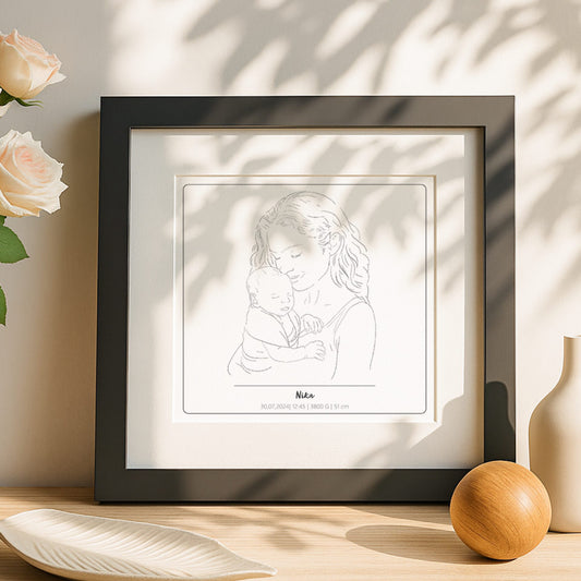 oprawiony szkic matki z dzieckiem z metryczką urodzenia