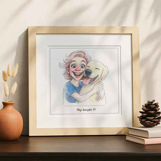 zabawna karykatura kobiety z pupilem, rysunek ze zdjęcia