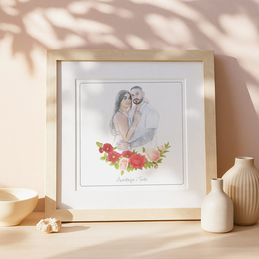portret pary z motywem kwiatów, personalizowany szkic na prezent