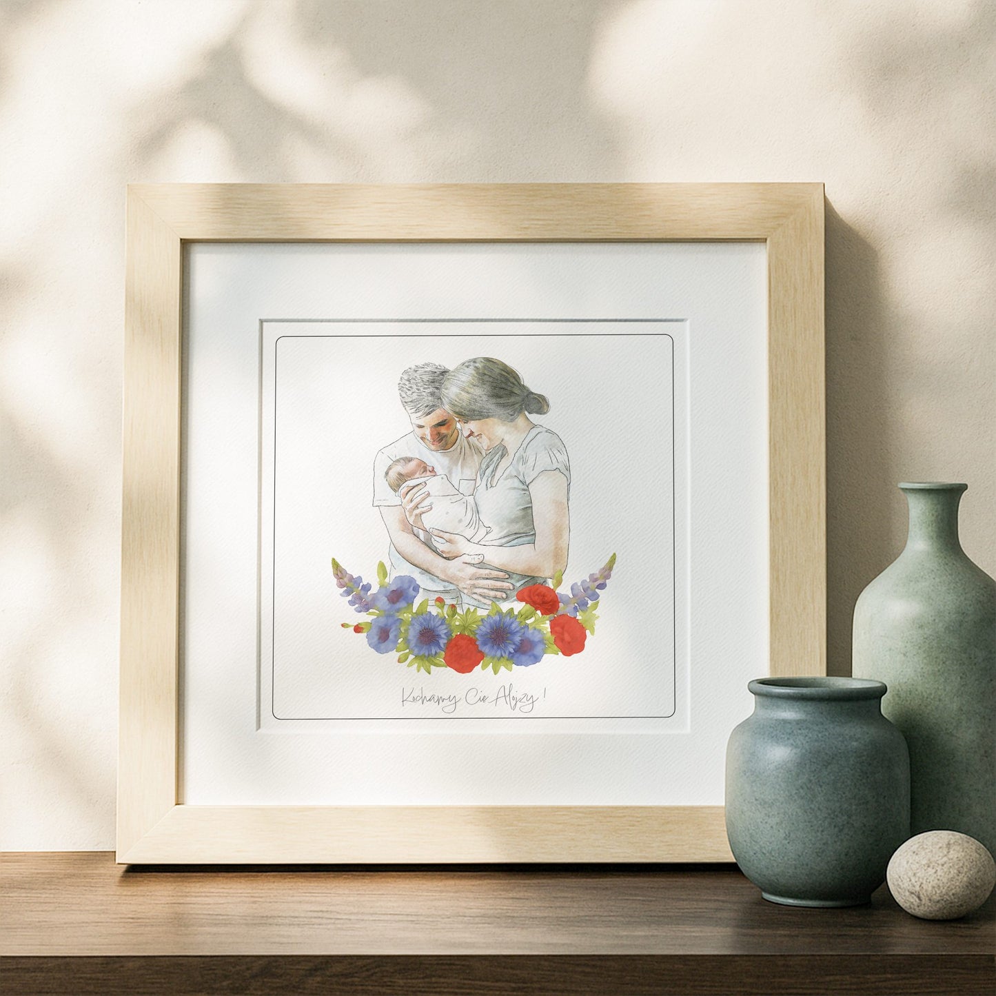 portret pary zdzieckiem z motywem kwiatów, personalizowany szkic na prezent
