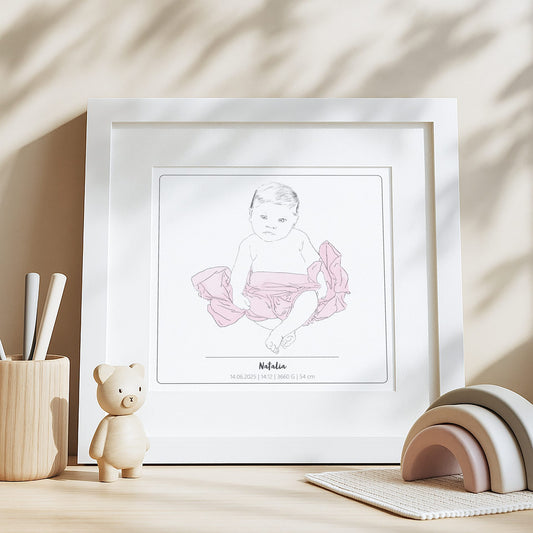 portret dziecka ze szkicu z metryczką urodzenia, personalizowany rysunek