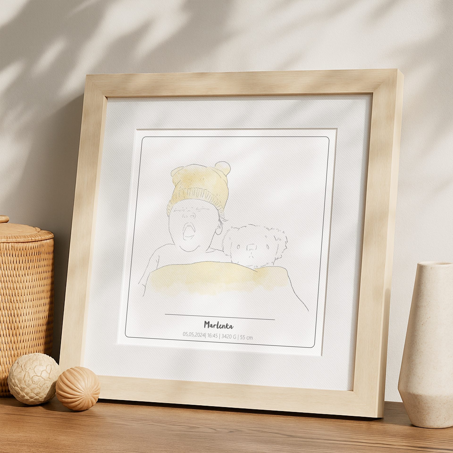 portret dziecka ze szkicu z metryczką urodzenia, personalizowany rysunek